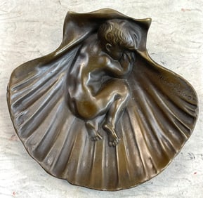 Signed Sleeping Child Bronze Tray
