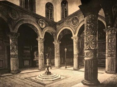 19thc Engraving, The Court of The Ponte Vecchio, Florence Italy