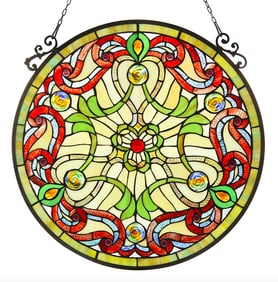 Stained Art Glass Jeweled Round Hanging Window Panel