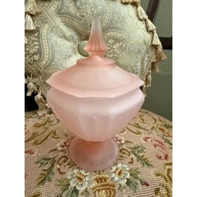 1930s Rose Satin Glass Candy Compote, Dresser Box