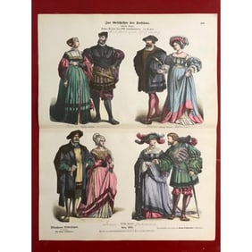 Rare 19thc German Handcolored Costume Plates, 17thc Nobility
