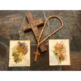 Group of Christian items: Olive Wood Cross, Rosary Beads, Cards