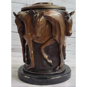 Signed Equestrian, Western Horses Bronze Urn, Lidded Jar