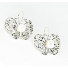 Cultured Pearl Sterling Silver Butterfly Earrrings