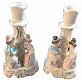 19thc Pair of German Porcelain Candle Holders
