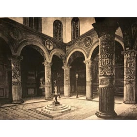 19thc Engraving, The Court of The Ponte Vecchio, Florence Italy