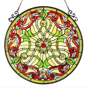 Stained Art Glass Jeweled Round Hanging Window Panel