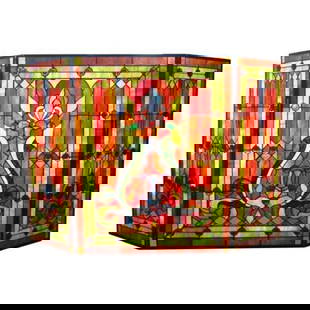 Victorian Stained Art Glass Fireplace Screen: Victorian stained art glass 3 piece folding fireplace screen, created using over 500 pieces of stained art glass & glass beads, wrapped in copper foil, with a textured black finish. 44" W X 28" H. 20l