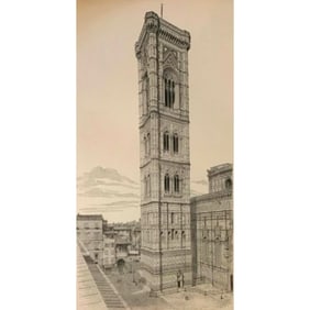 19thc Engraving, Florence Italy Campanile