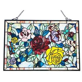 Butterflies Roses Stained Art Glass Panel