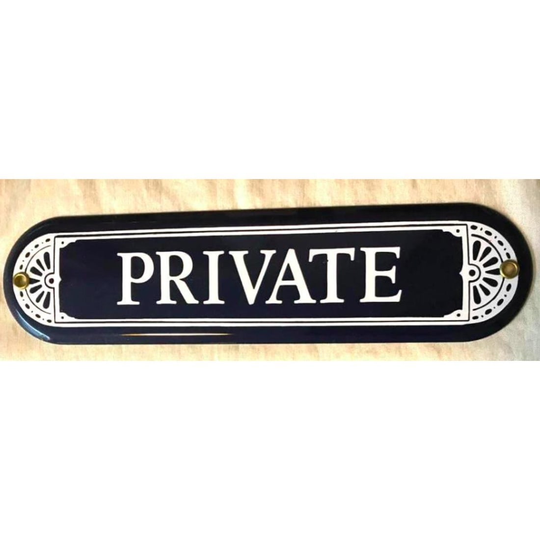 PRIVATE Enamel Club Sign: Enamel club or office, residence signs, PRIVATE, for door or wall. Holes drilled into each side for mounting. 10" L X 2 1/2" H.