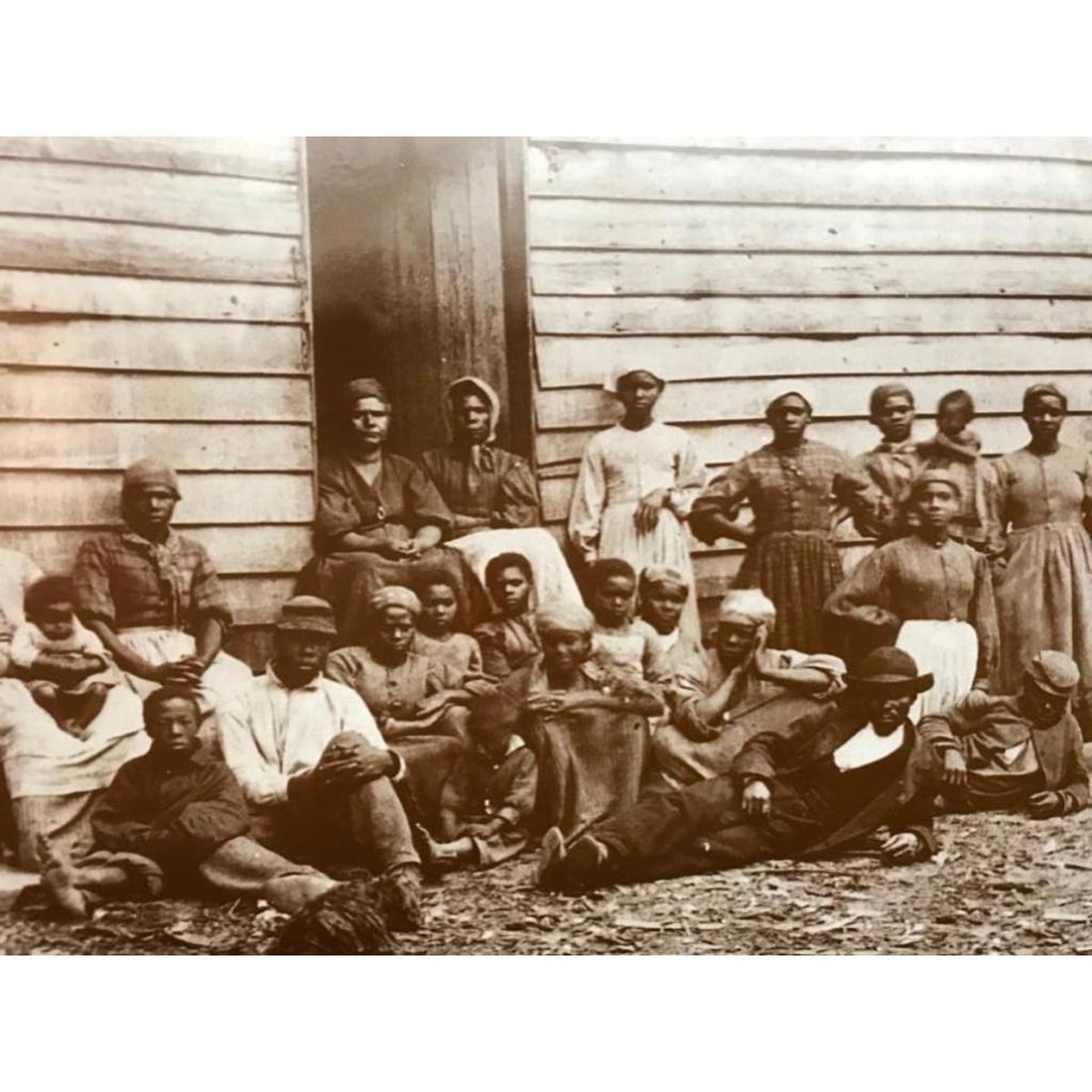 African American History, Slaves, Civil War Plantation Photo Print: African American History, sepia-tone photo print of a group of slaves in front of a cotton gin on a Southern plantation. 11" x 14". Created in the early 1990s, printed on card stock.