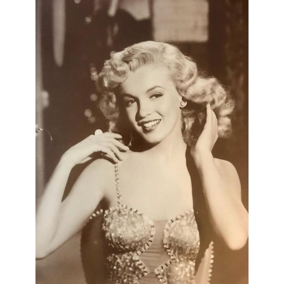 Marilyn Monroe Sequined Dress Photo Print: Marilyn Monroe wearing sequined dress sepia-tone photo print. Created in the early 1990s for The American Heritage Galleries, printed on heavy card stock, in original packaging. 11" X 14".