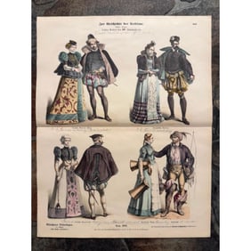 Rare 19thc Handcolored Costume Plates, 16th Century Germany, France