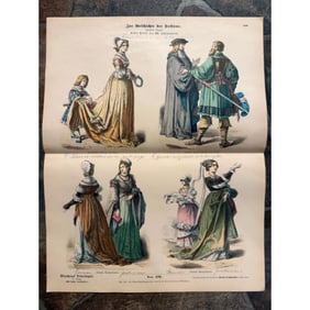 Rare 19th Century Handcolored Costume Plates, 16th Century French, Germans