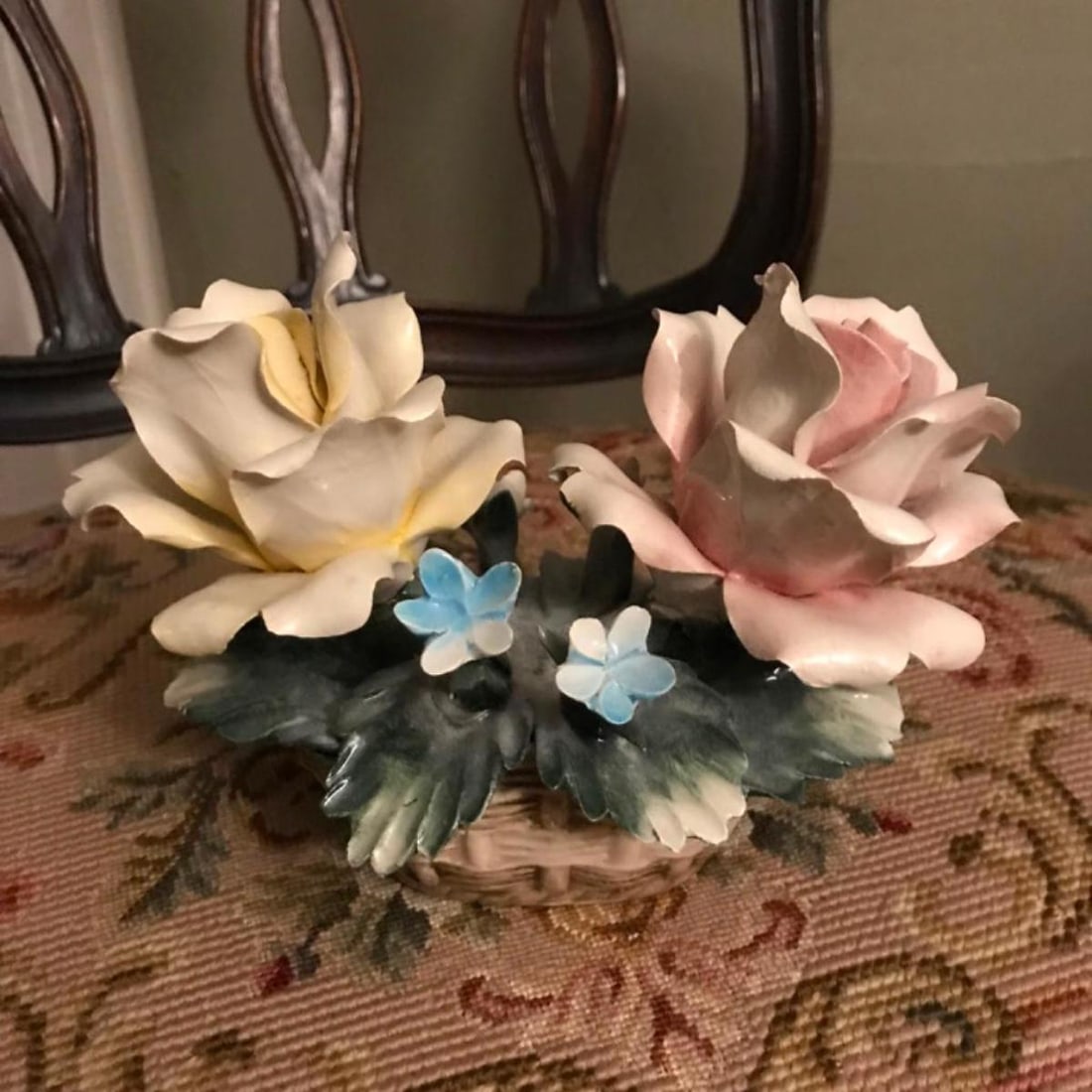 Vintage Capodimonte Roses In A Basket Porcelain: Italian porcelain centerpiece, Capodimonte Roses In A Basket. 3 3/4" W X 7" L X 4 1/2" H.