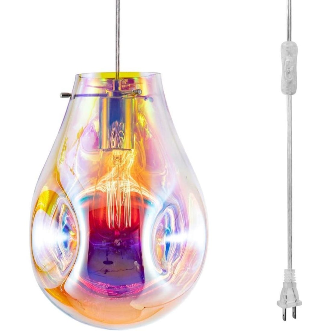 Art Glass Hanging Plug In Pendant Lamp: Hand blown art glass shade with 15ft cord, plug-in hanging pendant lamp. 12" L X 9" W at bottom, 4" W at top.