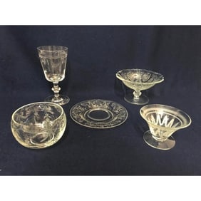 Set of Antique Etched Crystal, Goblet, Bowls