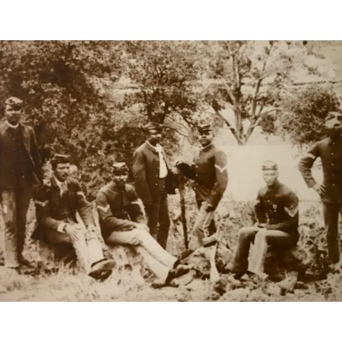 African American History, Buffalo Soldiers San Antonio: African American History subject, Buffalo Soldiers relax in San Antonio Texas, sepia-tone photo print. Created in the early 1990's for The American Heritage Galleries. 11" X 14" on heavy cardstock. Co