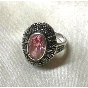 Art Deco Pink Topaz Sterling Marcasite Ring