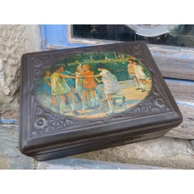 French Art Deco Children Playing Biscuit Tin