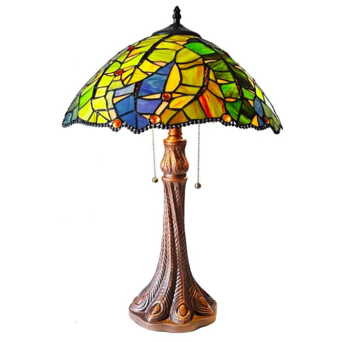 Tropical Leaf Stained Art Glass Table Lamp: Tiffany style, stained art glass, 2-light table lamp with a tropical Monstera leaf patterned shade. Created using 288 hand cut pieces of stained art glass & 21 glass beads wrapped in copper foil with