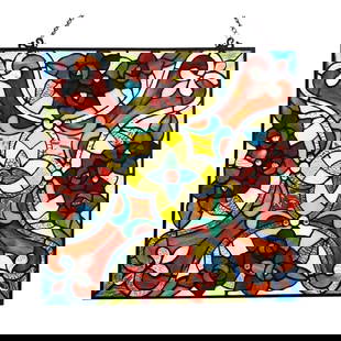 Nouveau Stained Art Glass Hanging Window Panel: Nouveau style floral stained art glass hanging window panel, created using 298 pieces of stained art glass & 21 glass beads, wrapped in copper foil with a dark antique bronze finish. 20" H X 20" W. Co