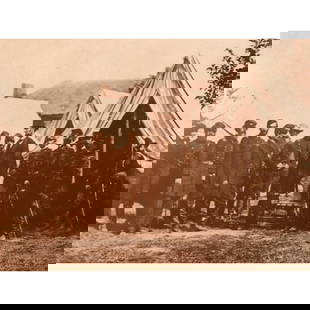 Civil War Battle of Antietam, Abraham Lincoln, General McClellan: Civil War scene, Battle of Antietam, Abraham Lincoln and George B. McClellan meet at headquarters, October 1862. Sepia-tone photo print, after an original photograph by Alexander Gardner. Created in t