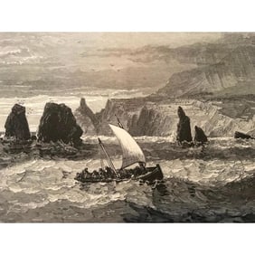 19thc Wood Engraving, Fishing Boat Russian River, Sonoma California