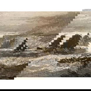 19thc Wood Engraving, Fishing Boat Russian River, Sonoma California: 19th Century wood engraving, bookplate print - "Scene At The Mouth Of The Russian River" ( California ). Fishing boat on the Russian River where it flows into the Pacific Ocean, California, USA. 9" X
