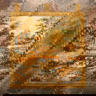 Vintage European Landscape Tapestry: Vintage European Landscape machine made hanging tapestry with woven gilt ribbon & hanging tabs. 23" H X 20 1/2" W.