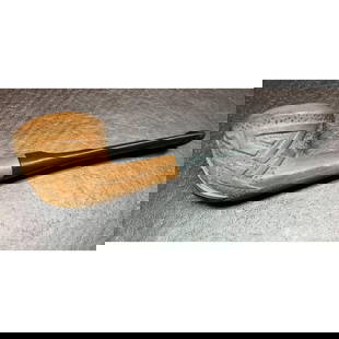 Hand-carved Masonic Smoking Pipe: Hand-carved sapodilla wood pipe, embellished with Masonic symbols on each side. 5 3/4" L X 1 5/8" W X 1 3/4' H.