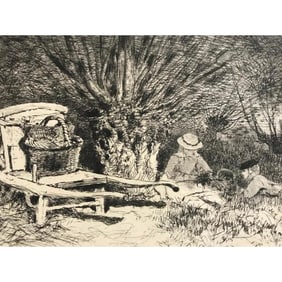 Original 19thc French Etching, Edmond Yon, Country Picnic