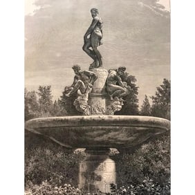 19thc Boboli Gardens Fountain, Florence Italy Engraving
