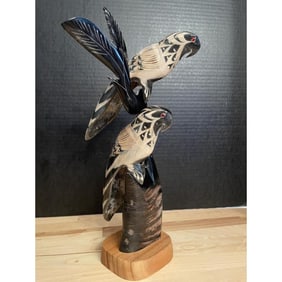 Pair of Parrots Carved Horn Sculpture