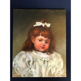 Signed Barnes, Little Girl With A Bow Oil Painting