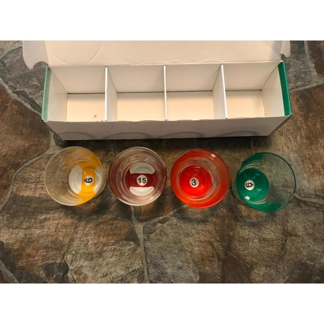 Vintage Set of Pool Table Pub Bar Old Fashioned Glasses: Vintage set of 4 luminarc pool ball, pool table, pub bar, old fashioned liquor glasses. 10 1/4 oz