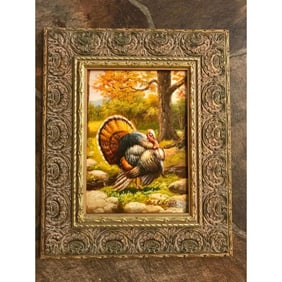 Signed Oil Painting, Woodland Turkey