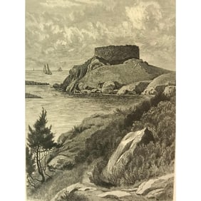 19thc Engraving, Old Fort Dumpling, Jamestown, Rhode Island