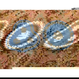 Pair of Wedgwood Jasperware Dishes: Pair of small Wedgwood blue jasperware dishes. Includes: Clover shaped dish with classical motifs & acorn & leaves around the edges, stamped Wedgwood, Made in England & #72 on reverse. 4 1/2" X 4 1/2"