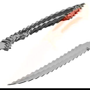 Gentlemen's Stainless Steel Hunter Bowie Knife: Stainless steel & inlaid wood Gentlemen's Hunter Bowie Knife. 5" satin finish stainless steel clip point blade, with brushed stainless steel & red/ brown pakkawood inlaid handle. Full tang. Black