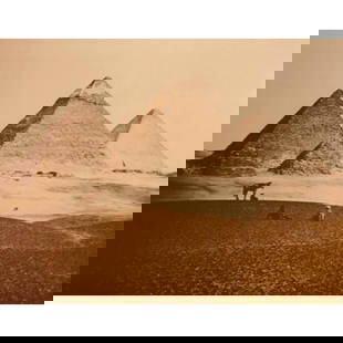 Pyramids From The Southwest, Giza Photo Print: Vintage early 1990's sepia-tone photo print, created from an original c.1858 albumen print, on heavy card stock, for The American Heritage Gallery. 11" X 14" in original shrink-wrapped packaging.
