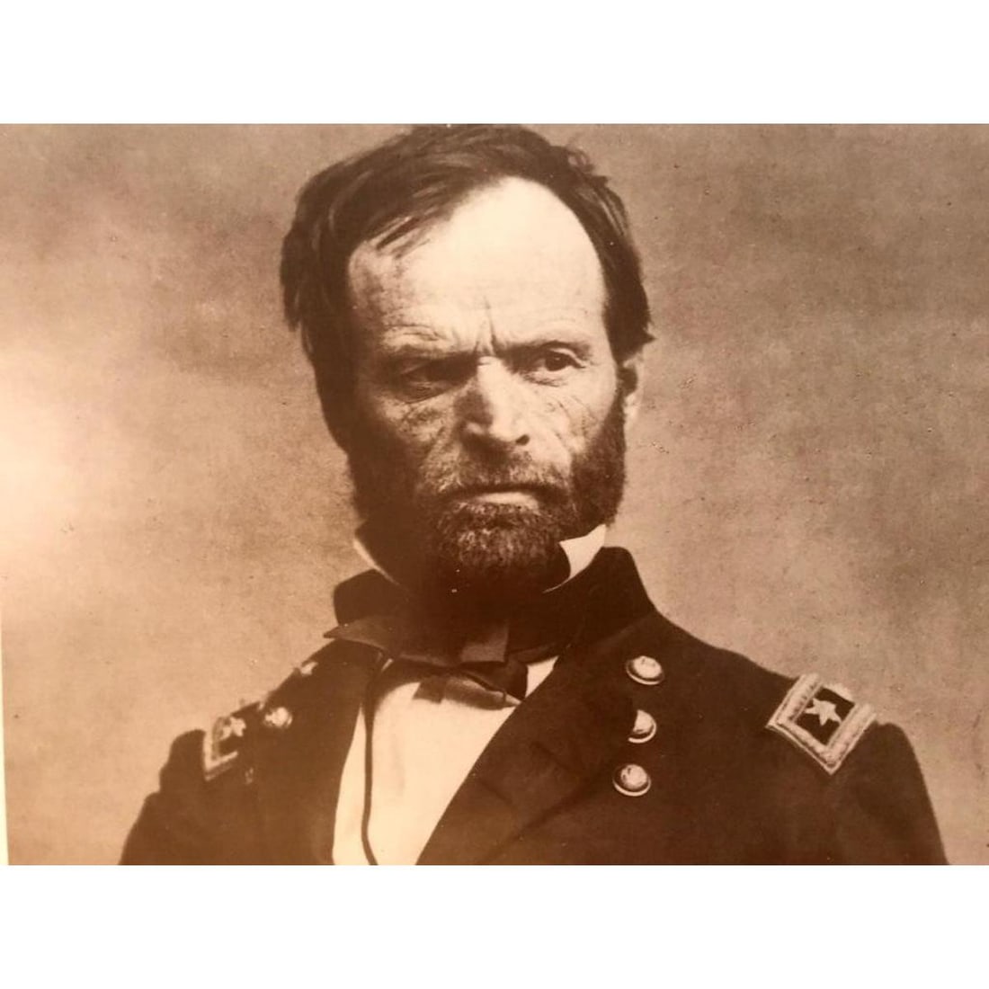 Civil War General Sherman Photo Print: Civil War Union General William Tecumseh Sherman sepia-tone photo print. Created in the early 1990s for The American Heritage Galleries. Printed on card stock, in original gallery packaging. 11" X 14"