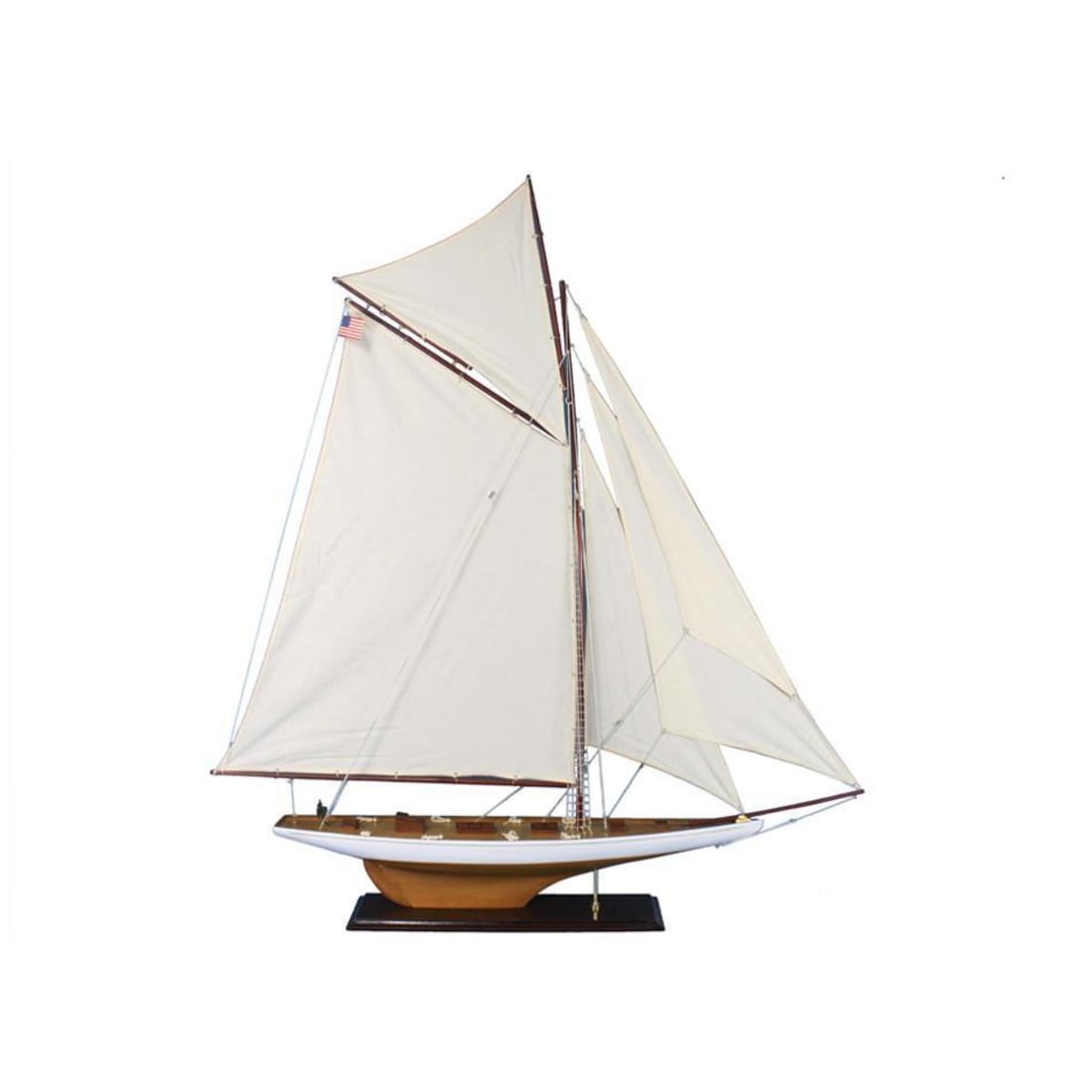 Wooden Columbia Scale Model Sailboat: Handcrafted Wooden Columbia Scale Model Sailboat, with all wooden parts in hull & deck, with individual wooden deck planks. Lightly starched cloth sails. Not a model kit, simply attach sails, insert m
