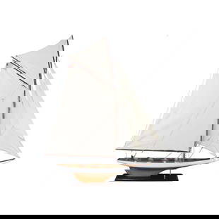 Wooden Columbia Scale Model Sailboat: Handcrafted Wooden Columbia Scale Model Sailboat, with all wooden parts in hull & deck, with individual wooden deck planks. Lightly starched cloth sails. Not a model kit, simply attach sails, insert m