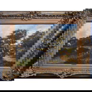 H.C. Buttler; 19thc English Oil Painting, Signed: 19th Century oil on canvas painting, "Woodland Scene By River". Signed H. Buttler, bottom right. 20 1/2" X 30" in period frame with some losses to edges, per photos. Metal tag to the frame notes the a