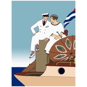 Art Deco Style Yacht Couple Color Lithograph Print