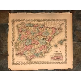 1856 J H Colton Hand-colored Map of Spain and Portugal