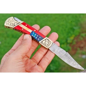 American Flag Damascus Steel Pocket Knife