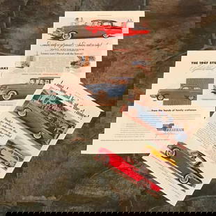 Set of Original Studebaker Car Ads: Set of 3 original ads, professionally mounted on archival linen canvas for preservation, features a 1947 Studebaker with Chatham upholstery, a 1955 Studebaker from an issue of The Saturday Evening Pos
